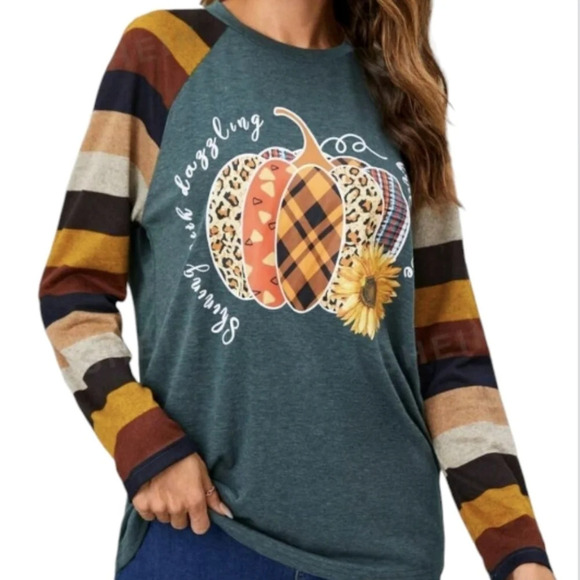 NWT EMERY ROSE Fall Pumpkin & Slogan Graphic Raglan Sleeve Tee L - Picture 1 of 7